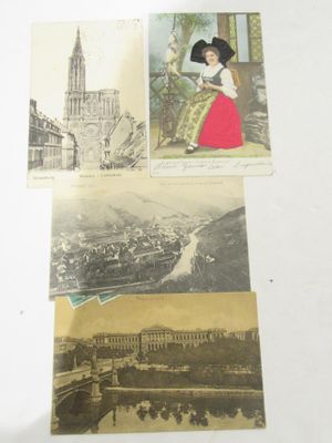 three old postcards of a woman in a red dress and a church