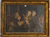 painting of a group of people sitting around a table eating food