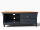 an image of a tv stand with two drawers and a wooden top