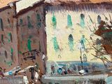 an oil painting of a street scene with a bridge and buildings