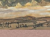 a watercolor painting of a mountain range with a sky background