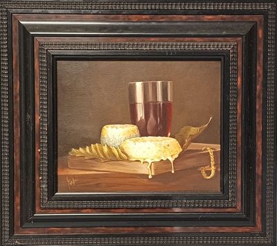 tableau représentant une nature morte avec du fromage et un verre de vin
