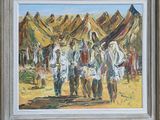 an oil painting of a group of men standing in front of a tent