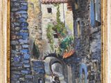 an oil painting of a street scene with a horse and carriage