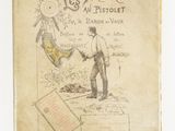 an old book with a drawing of a man holding a baseball bat