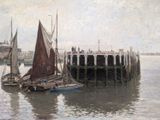 un tableau représentant un bateau amarré à un quai