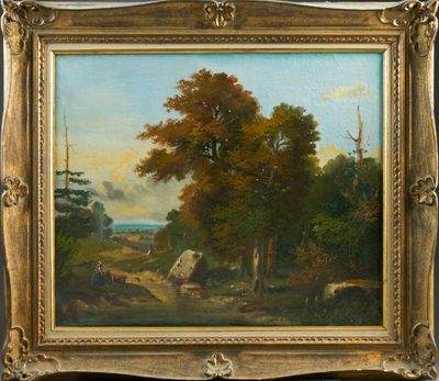 an oil painting of a farm scene with cattle and trees in the background