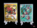 two pokemon cards on display on a black background