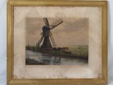 tableau représentant un moulin à vent dans un champ, avec des vaches qui paissent en arrière-plan