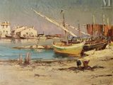 une peinture représentant un bateau sur la plage, près de l'eau