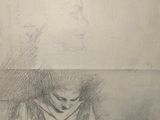 dessin au crayon représentant une femme assise sur un canapé, la tête entre les mains