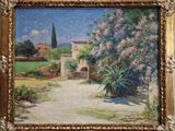 une peinture à l'huile représentant une scène de jardin avec un portail et des fleurs