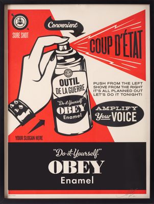 a black and white poster with a hand holding a spray bottle