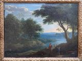 une peinture à l'huile représentant un paysage avec un homme et une femme à cheval au bord d'une rivière