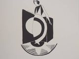a black and white drawing of a man standing on a record