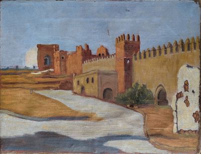 tableau représentant un homme et une femme debout devant un château
