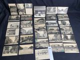 several old black and white photographs of a train and buildings