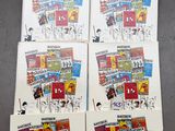 Six cartes postales représentant des bandes dessinées sont alignées sur une table