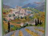 une peinture à l'huile représentant un paysage avec un village au loin