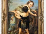 une peinture à l'huile représentant un jeune garçon tenant un bébé dans ses bras