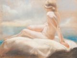 painting of a nude woman sitting on a pillow on a beach