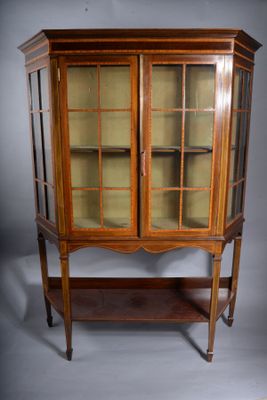 une vitrine ancienne avec des portes en verre et des étagères sur le dessus