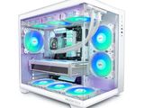 a white computer case with blue and green lights