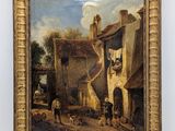 an oil painting of a village scene with a man and a dog