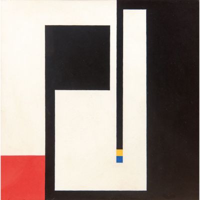 une peinture en noir et blanc comportant des carrés rouges, blancs et bleus