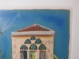 a picture of a painting of a building with a clock on it