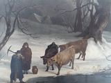 a painting of a man and cows in the snow