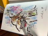 drawing of a person riding a bike with a dog on the back of it