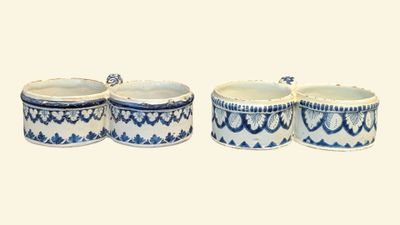 three blue and white ceramic containers with lids on a white background