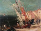 a painting of a boat on the beach with people on it