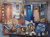 une peinture représentant une peinture d'une table sur laquelle se trouvent des plats