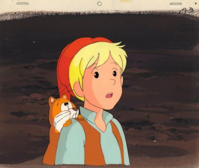 cellule d'animation représentant un jeune garçon avec un chat sur l'épaule