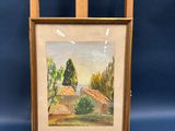 an oil painting of a wooden easel with a painting on it