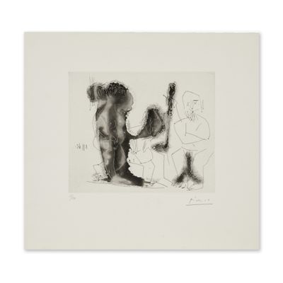 a black and white drawing of two people in a room