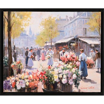 painting of a flower market in paris with people and flowers