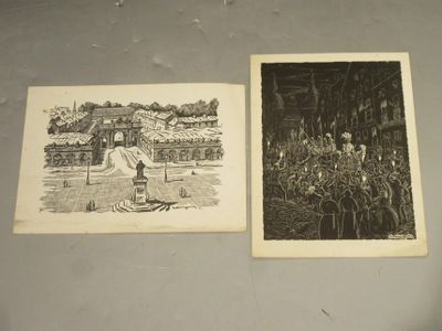 two old black and white photos of a man and woman in front of a building