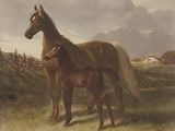 tableau représentant une jument et son poulain dans un pâturage, près d'une clôture