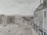 drawing of a view of a town with a clock tower and a horse drawn carriage