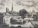 drawing of a view of a city with a river and a bridge