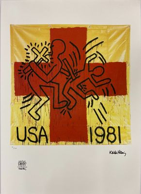 an image of a painting of a cross with people on it