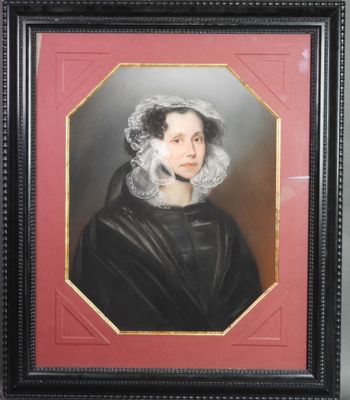un tableau représentant une femme en robe noire, avec une dentelle blanche sur la tête