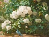 a painting of a blue bird sitting on a bush of flowers