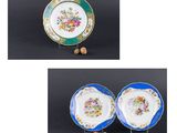 trois vues différentes d'une assiette garnie de fleurs et de noix