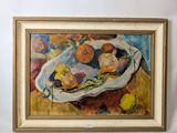 painting of a bowl of fruit on a table next to a vase of flowers