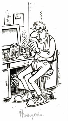 dessin représentant un homme assis à un bureau en train de fumer une cigarette
