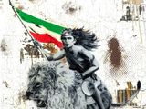 tableau représentant une femme chevauchant un lion sur le dos duquel flotte un drapeau